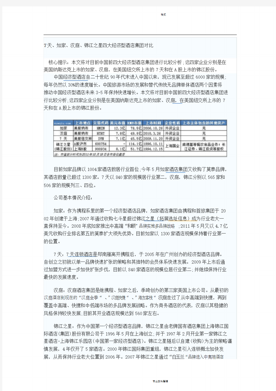 7天、如家、汉庭、锦江之星四大经济型酒店对比