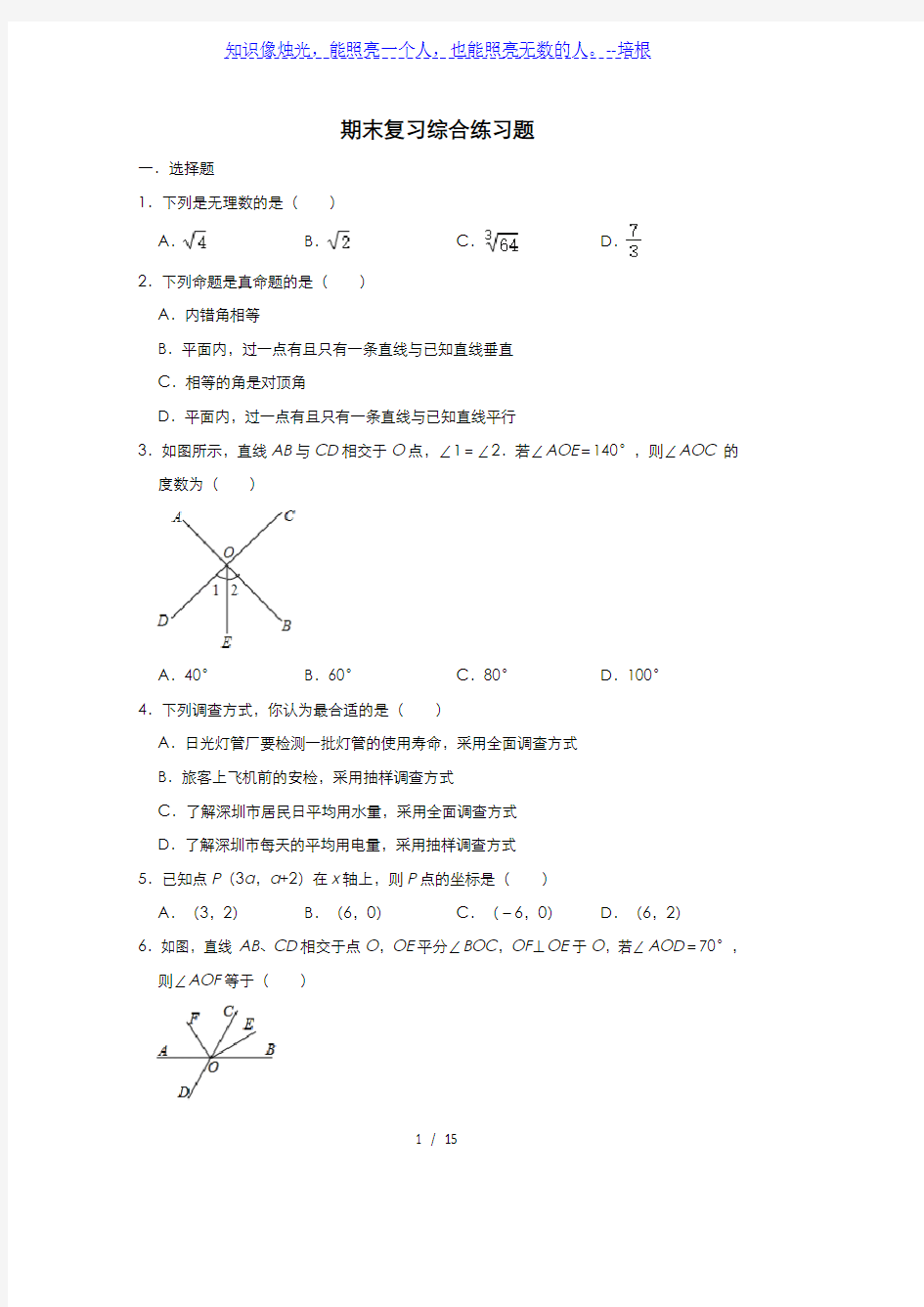 人教版数学七年级下期末复习综合练习题