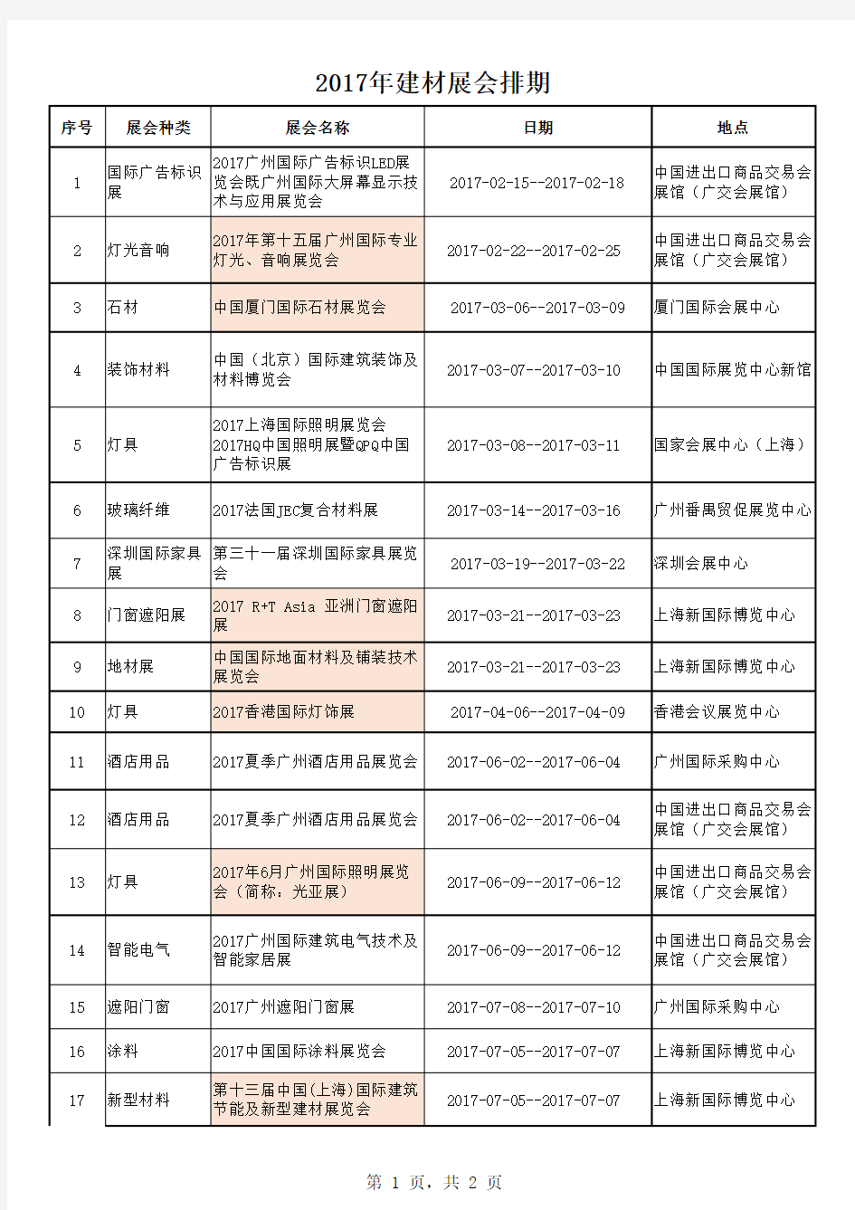 2017年建筑材料展会排期