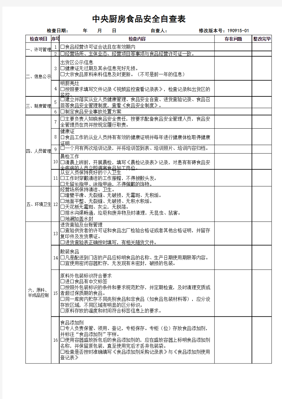 中央厨房食品安全自查表