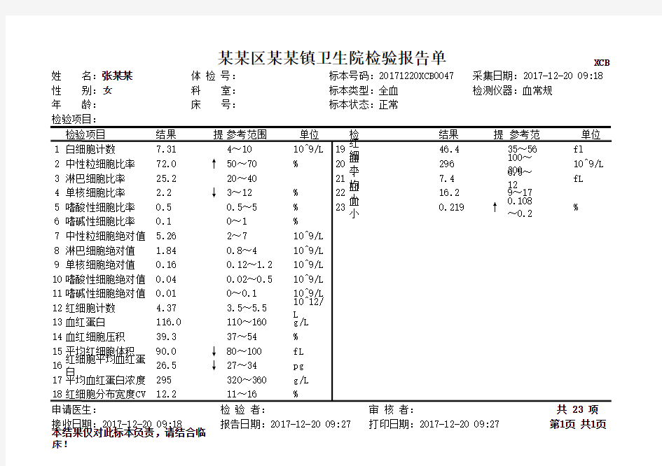 医院化验单模板 血常规