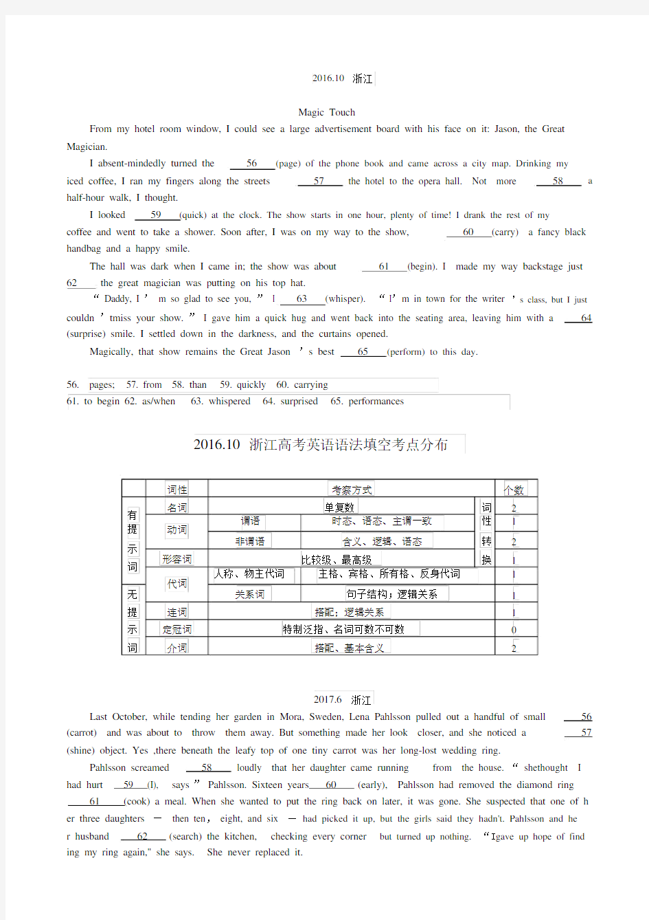 2016-2019浙江高考英语语法填空真题解析