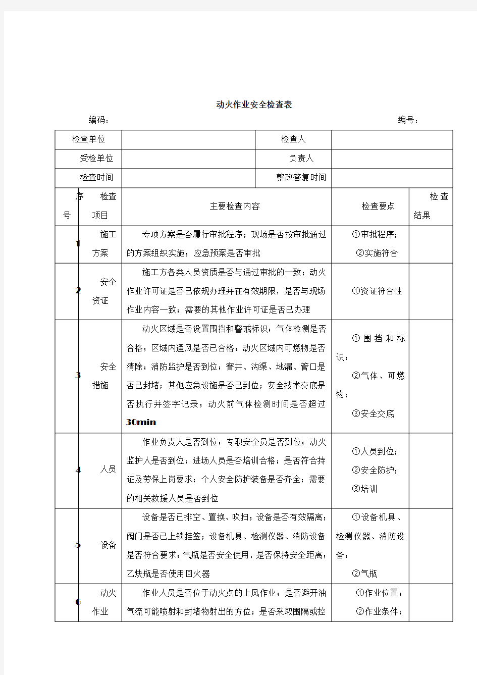 动火作业安全检查表