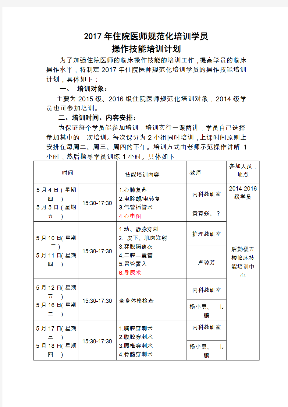 2017年住院医师规培学员技能培训计划