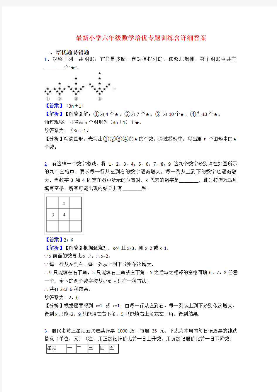 最新小学六年级数学培优专题训练含详细答案