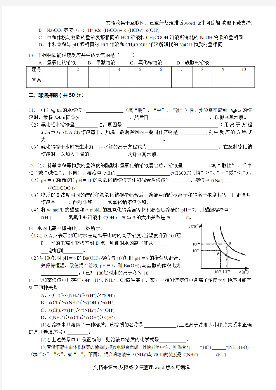 人教版高中化学选修4第三章测试题(经典含解析)