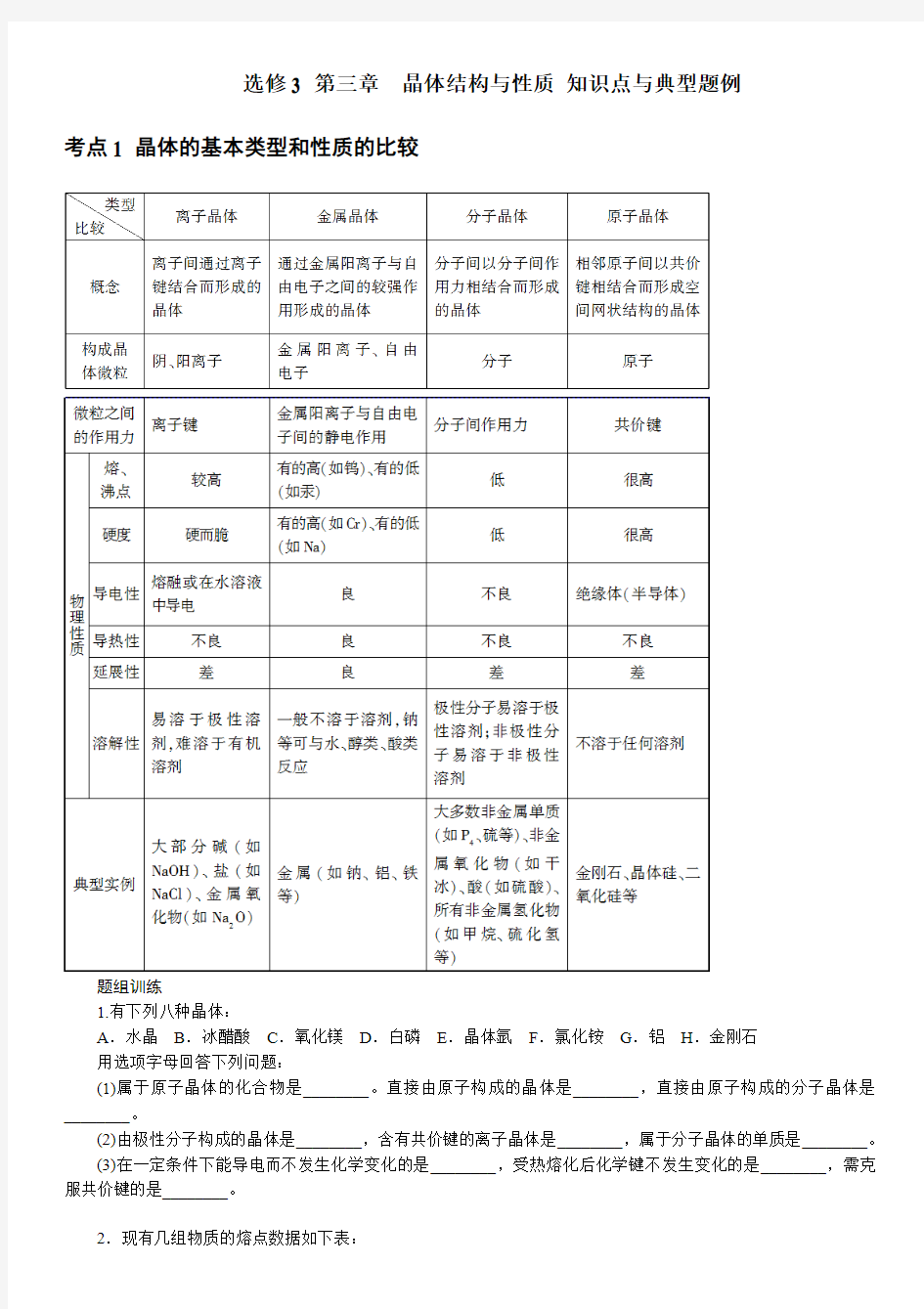 s晶体结构与性质-知识点与典型题例