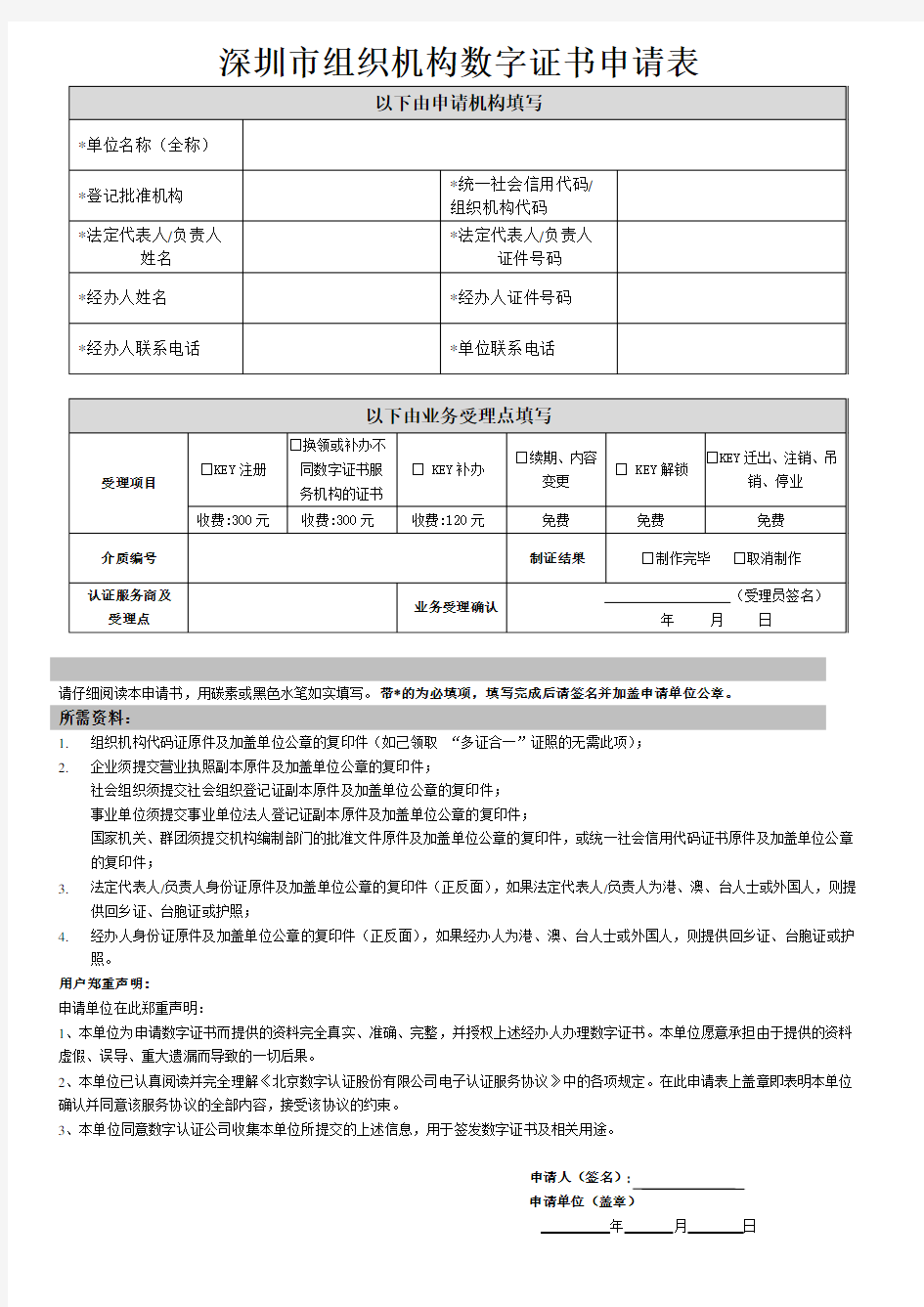 深圳组织机构数字证书申请表
