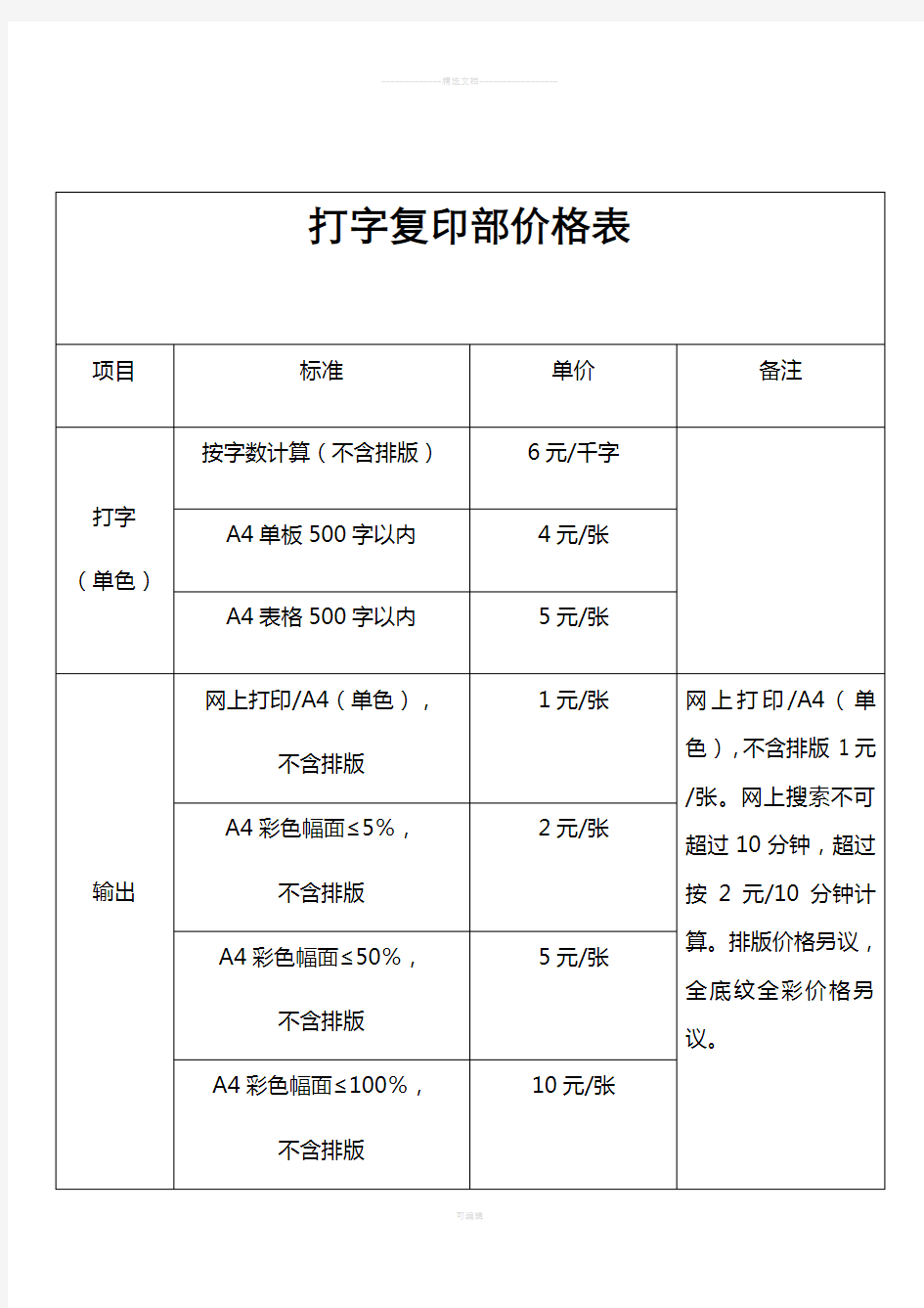 复印打字收费标准