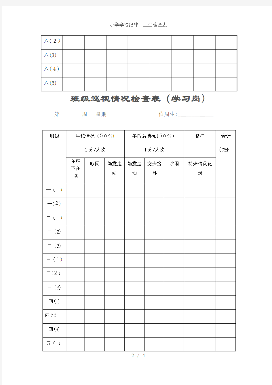 小学学校纪律、卫生检查表