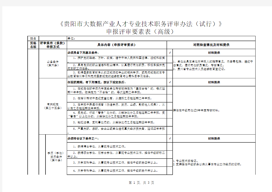 2020年贵阳市职称申报大数据人才申报评审要素表—大数据(中、高级)