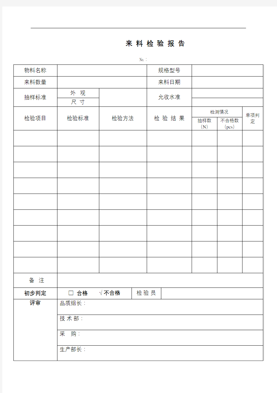 来料检验报告表格