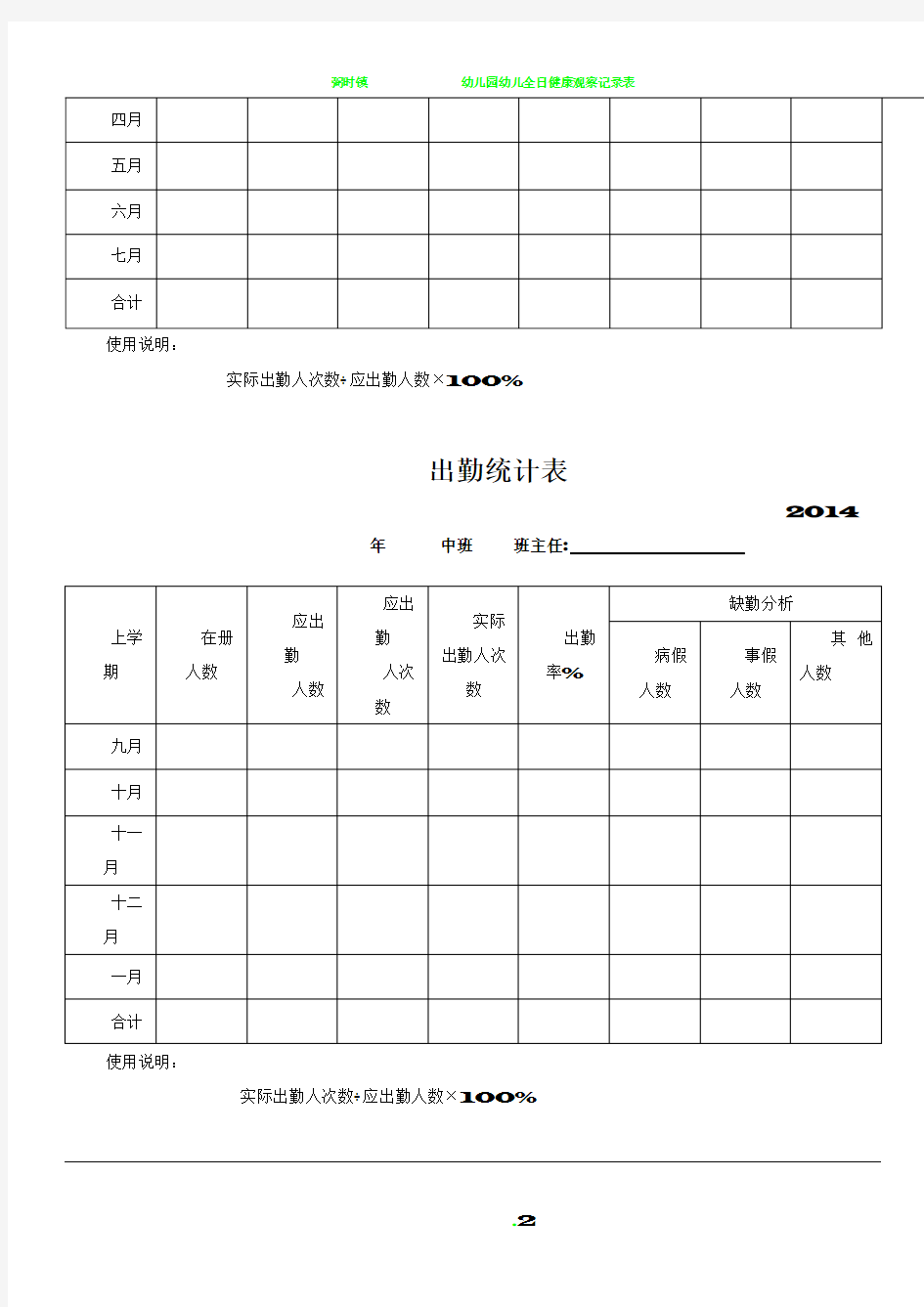 幼儿园出勤统计表