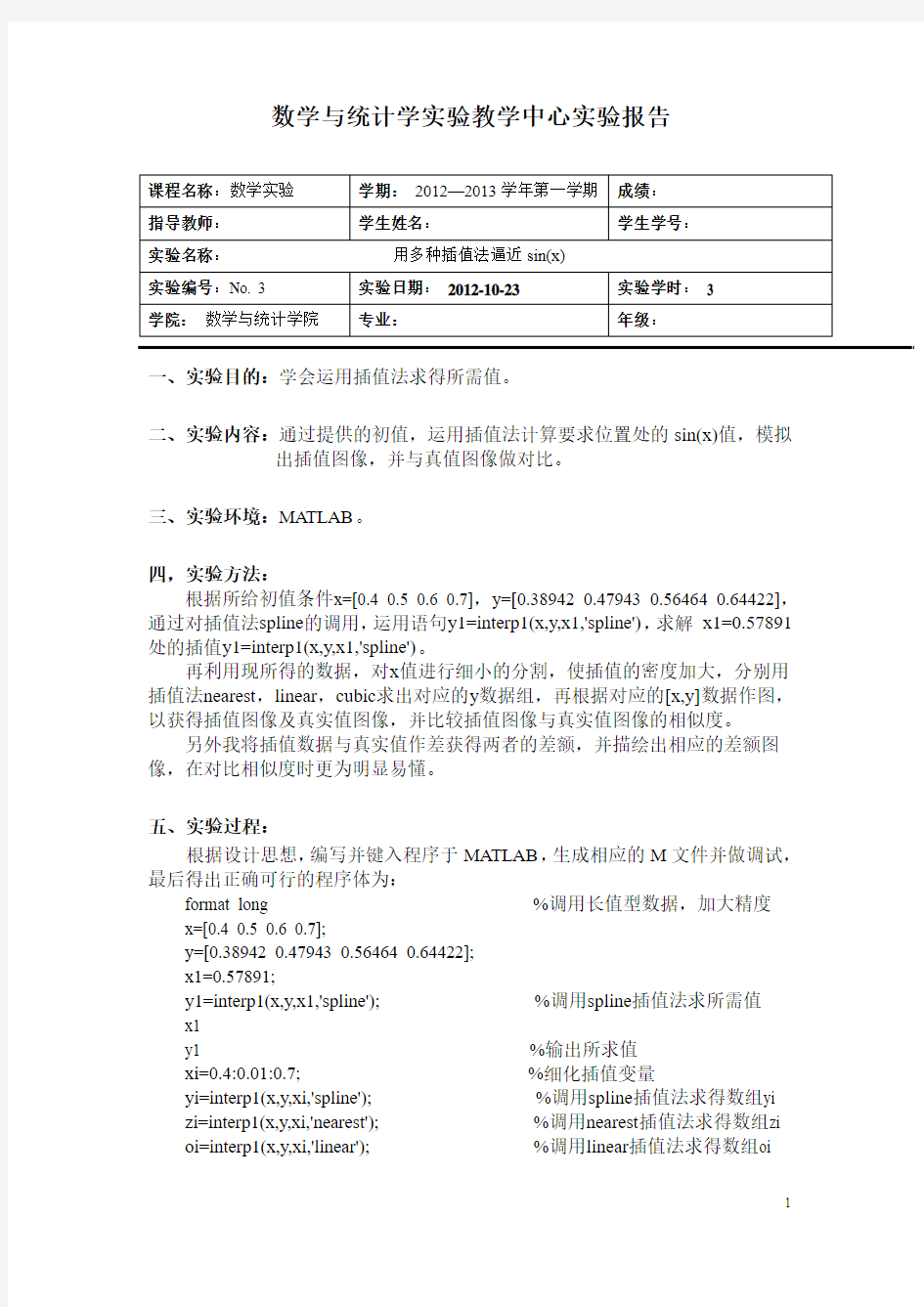 MATLAB插值法程序用多种插值法逼近sin(x)