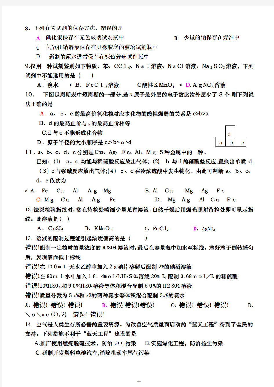 高三化学一轮复习综合模拟试题