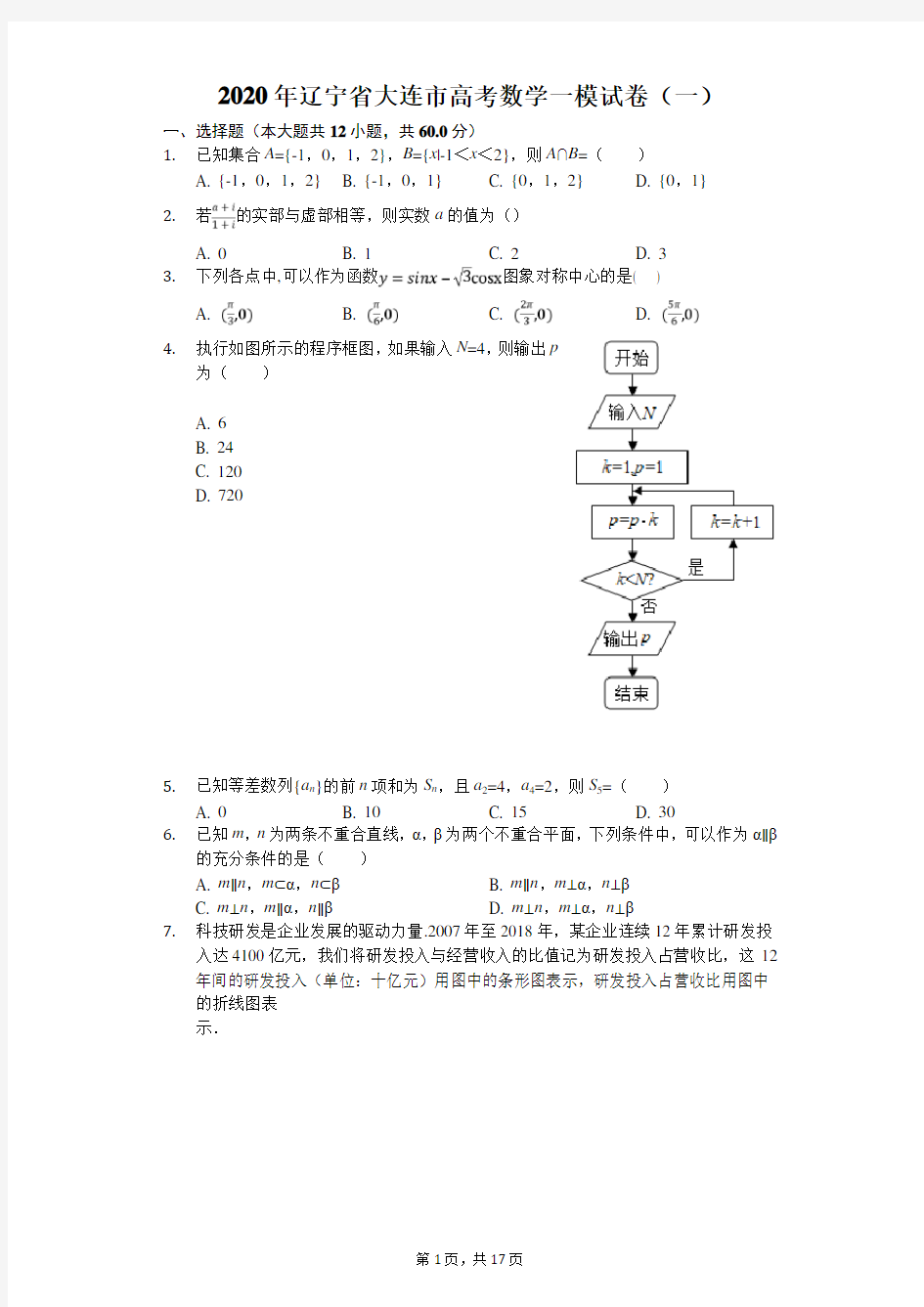 2020年辽宁省大连市高考数学一模试卷(一)(有答案解析)