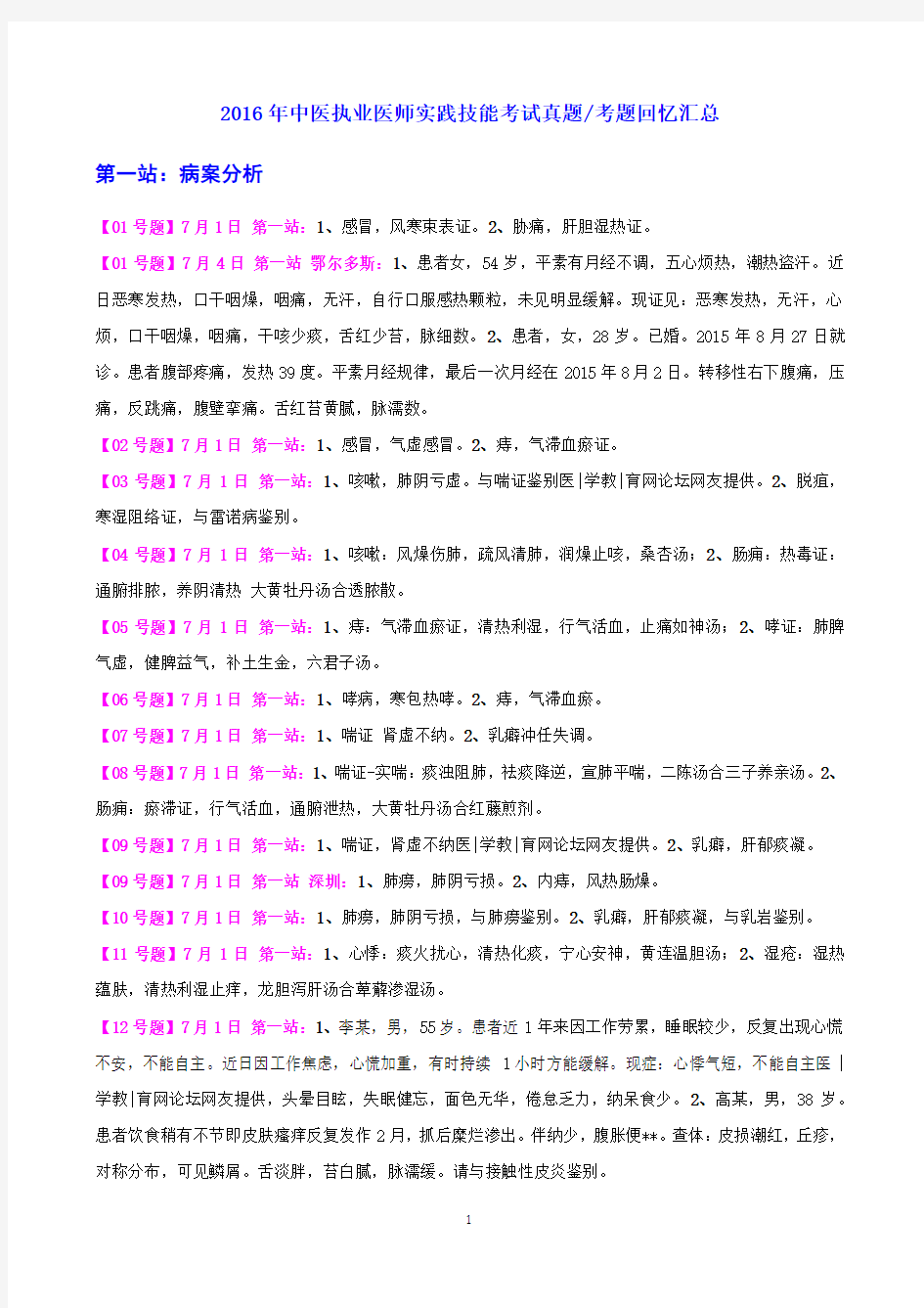 【最新真题 解析】2016年中医执业医师实践技能操作考试题真题汇总--