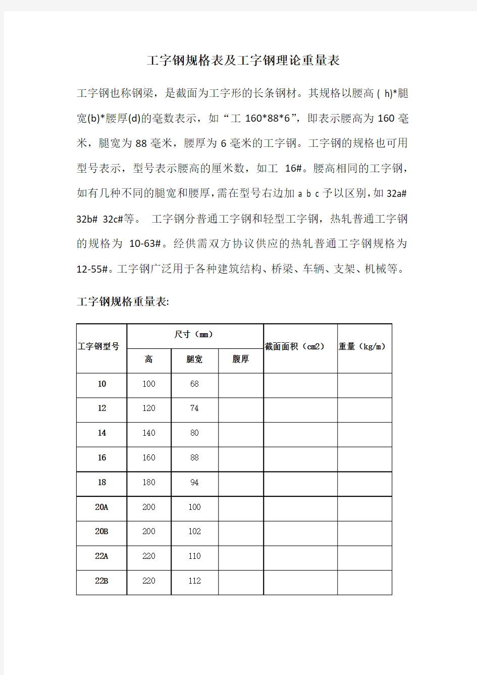 型钢规格表及型钢理论重量表