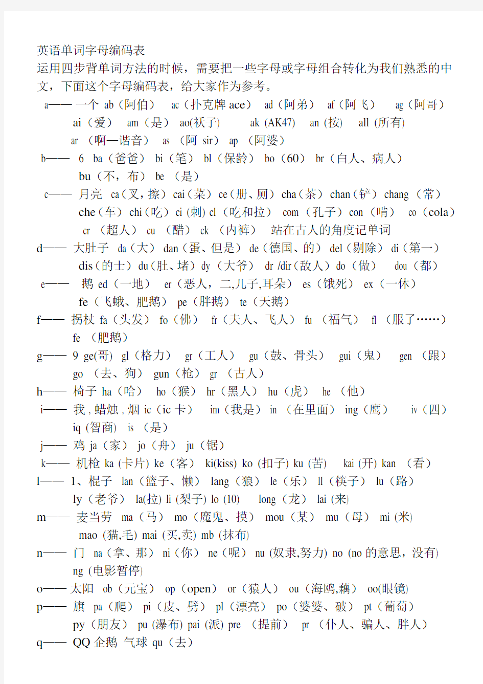 英语单词字母编码表
