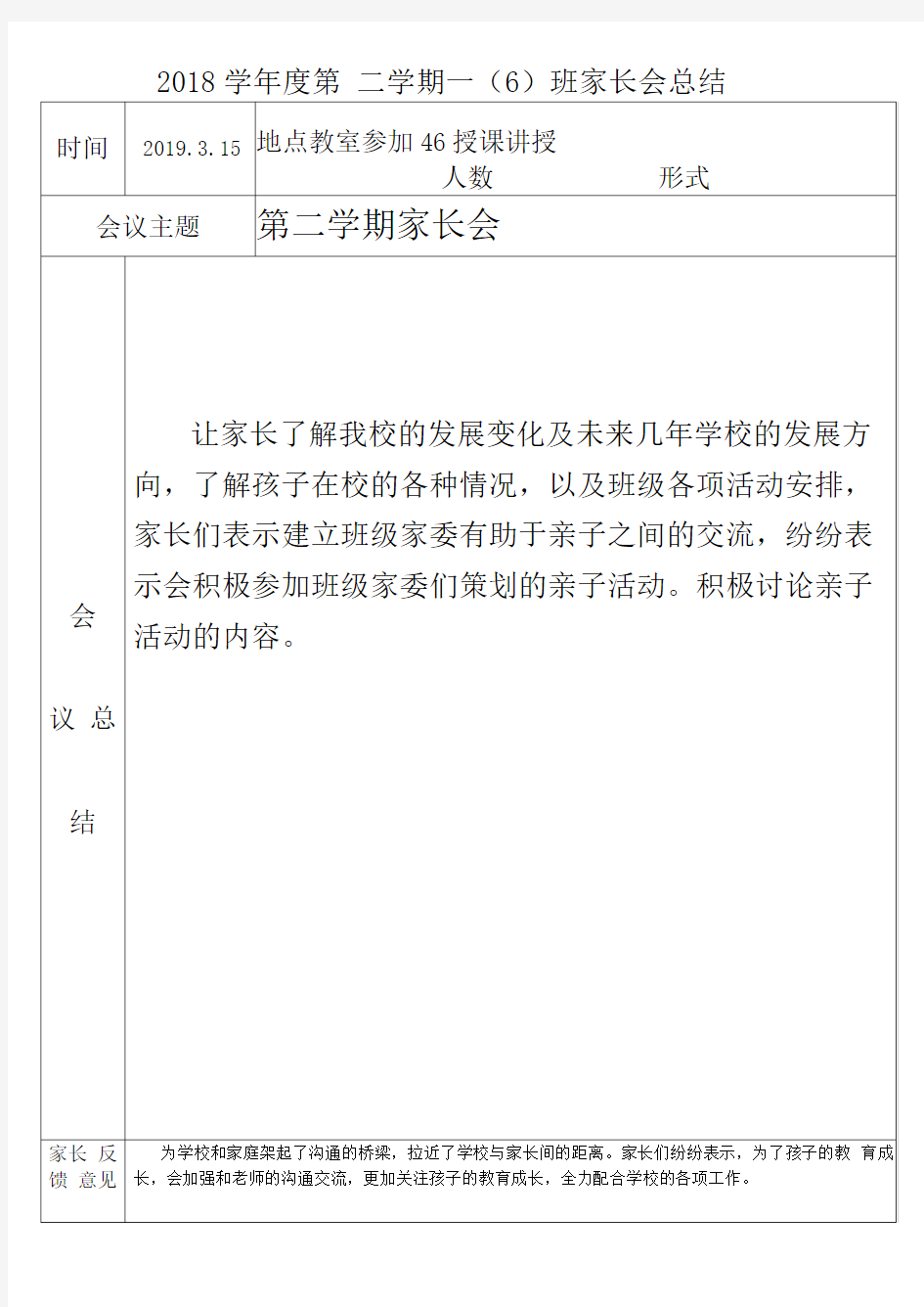 2018学年度第二学期一(6)班级家长会总结