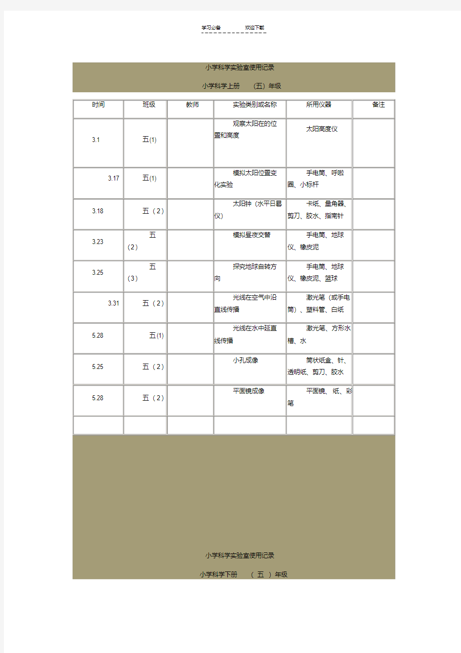 【优质文档】小学科学实验室使用记录.五年级