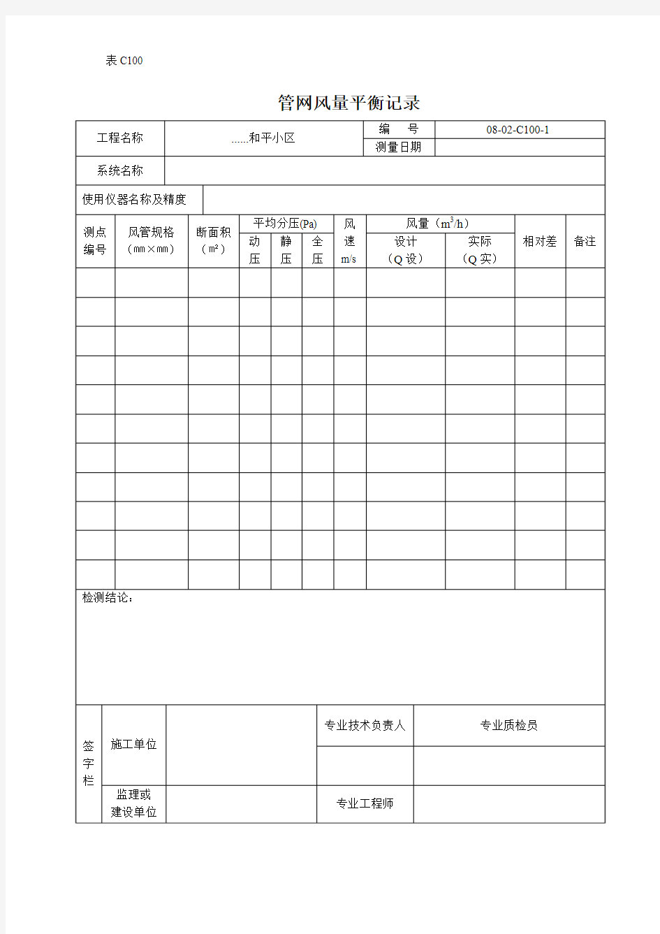 【工程通用表格】管网风量平衡记录