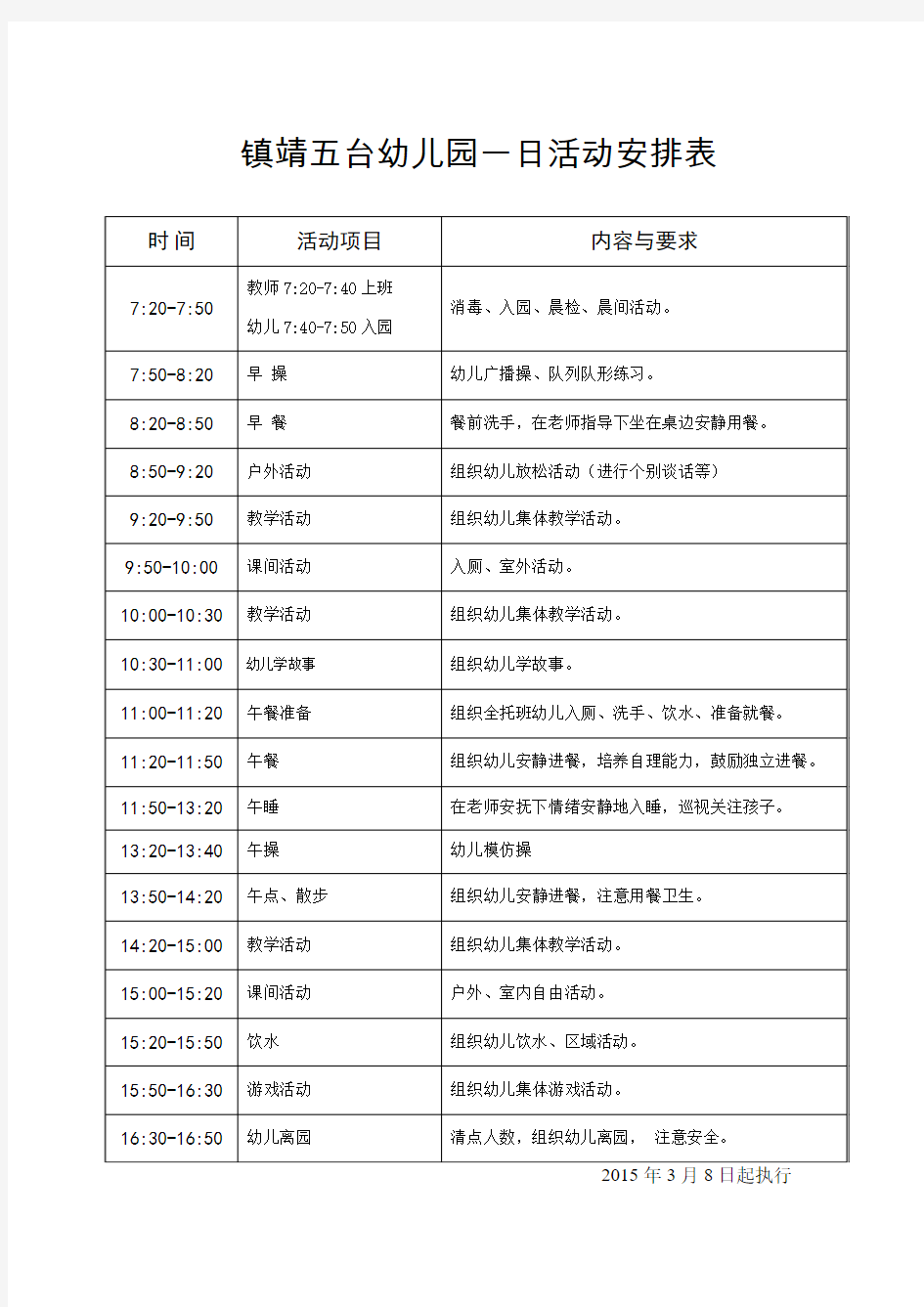 五台小学附属幼儿园一日生活作息时间表