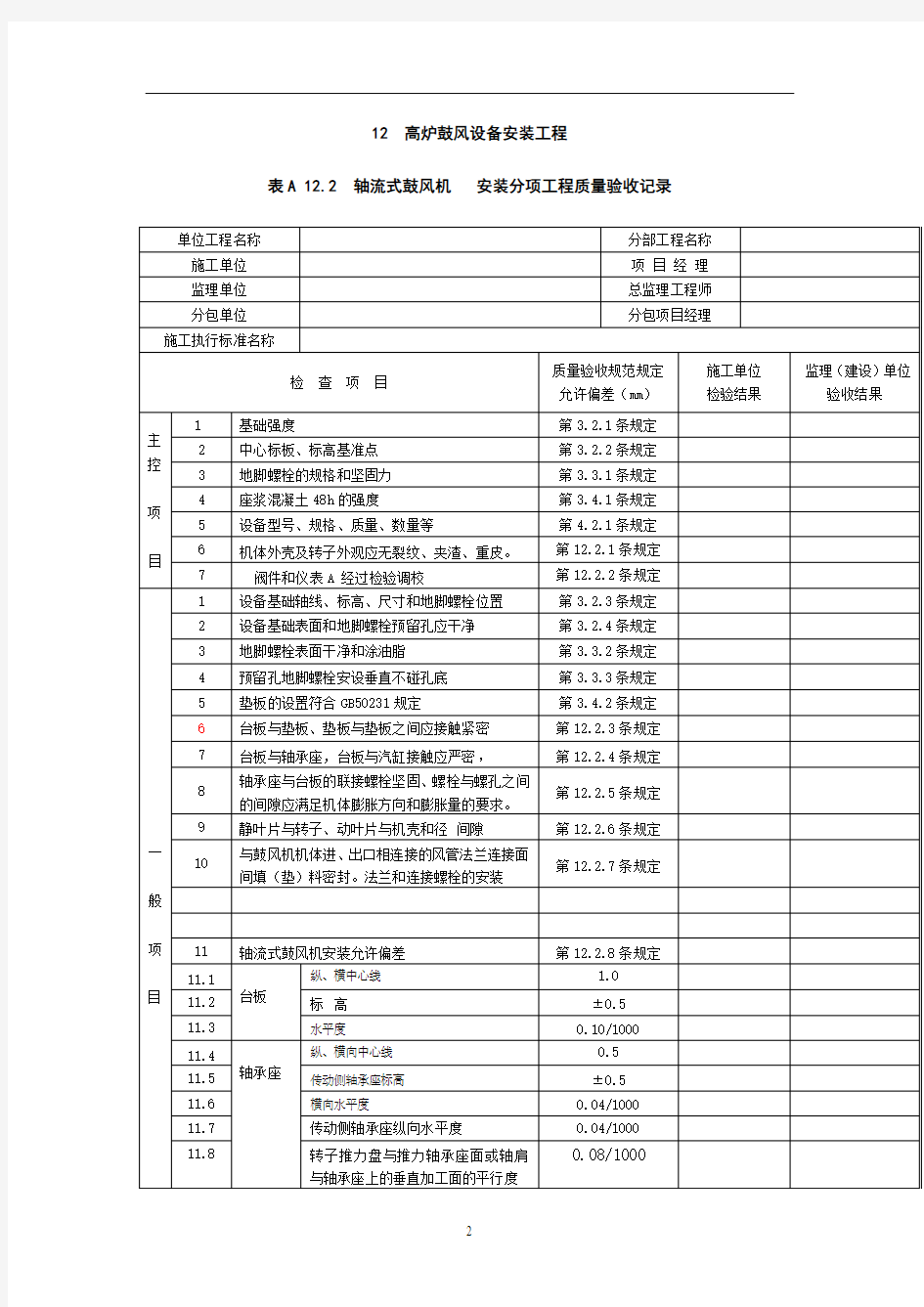 高炉鼓风设备安装工程表格