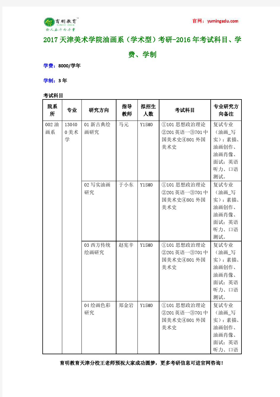 2017天津美术学院油画系(学术型)考研-2016年考试科目、学费、学制