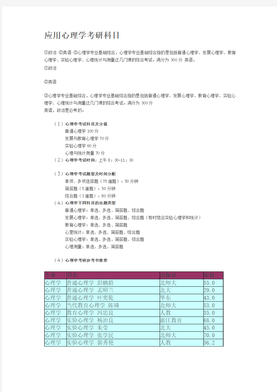 应用心理学考研科目参考书