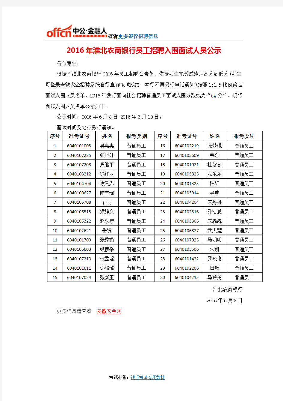 2016年淮北农商银行员工招聘入围面试人员公示