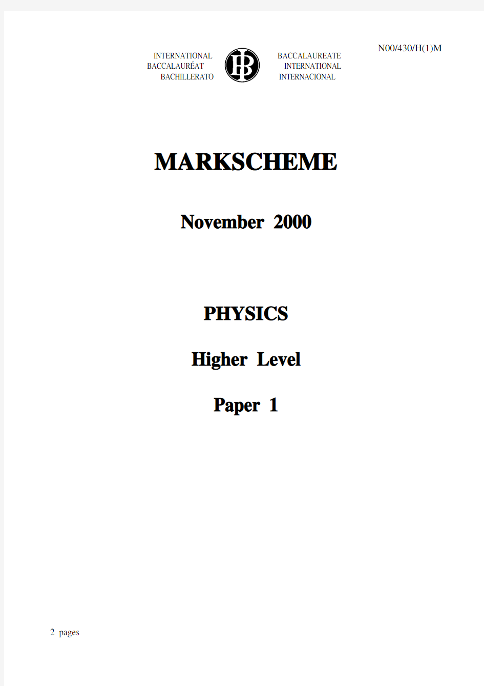 Physics Paper 1 HL Nov 2000 Markscheme