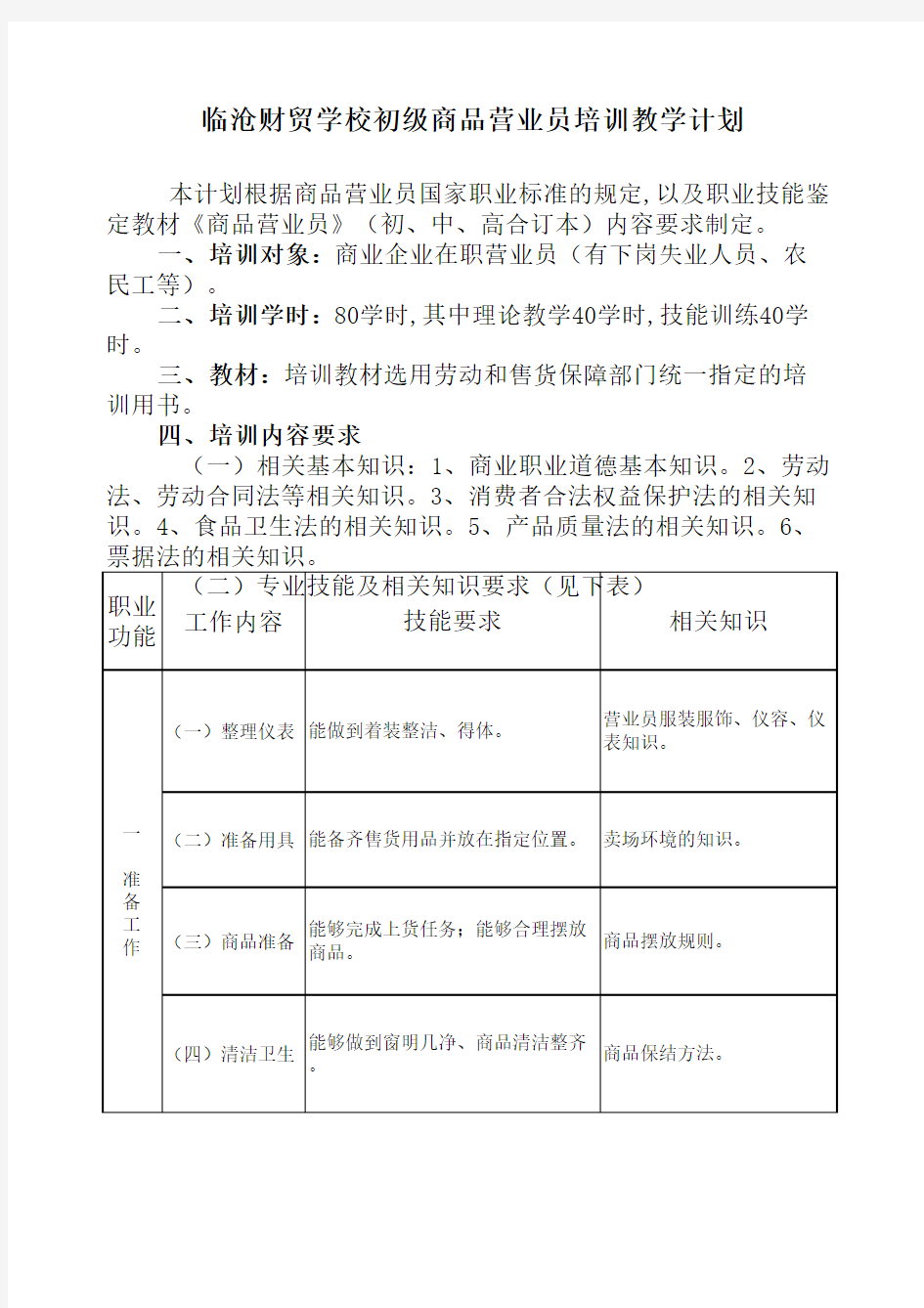 商品营业员培训教学计划(初)