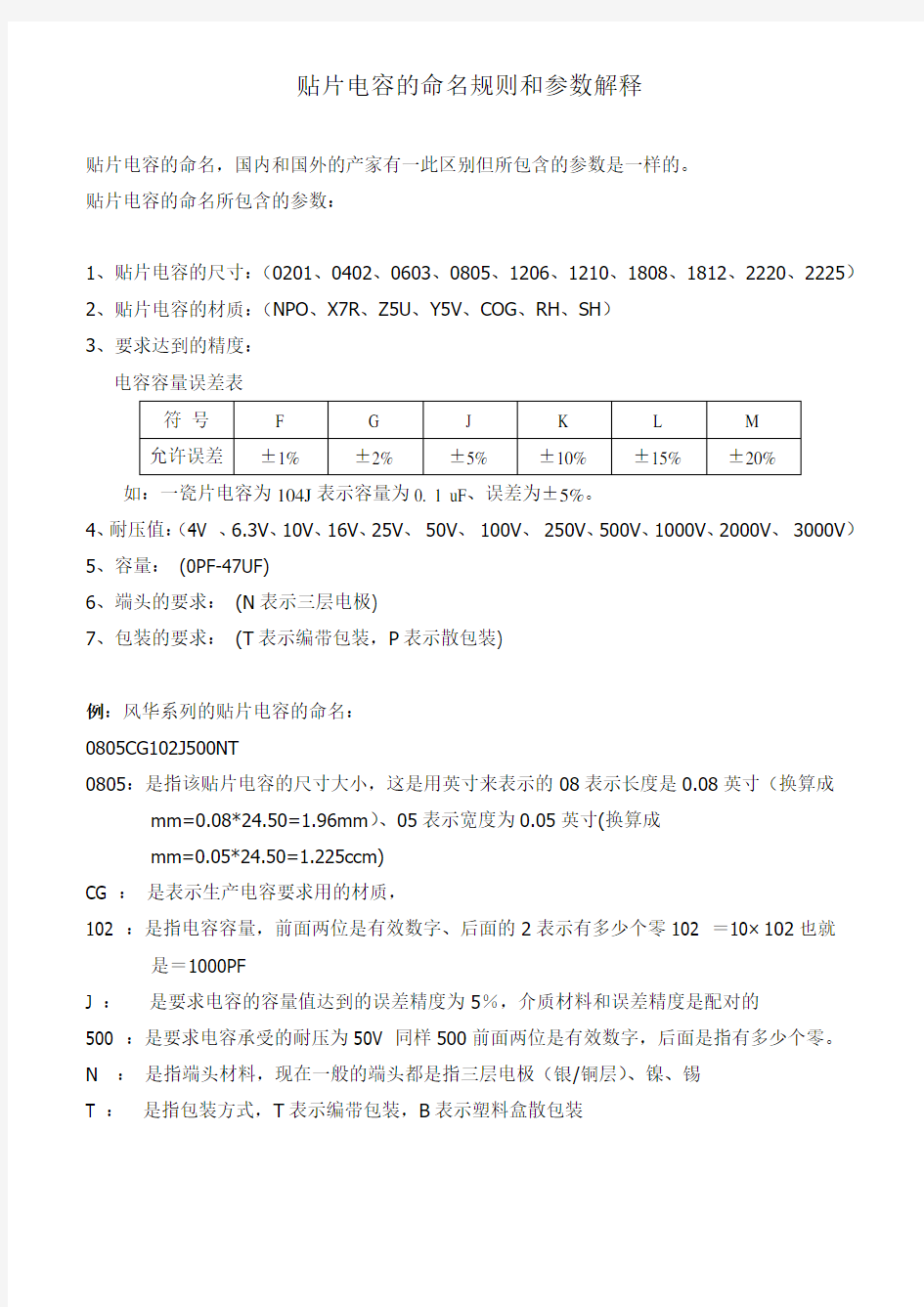 贴片电容的命名规则和参数解释