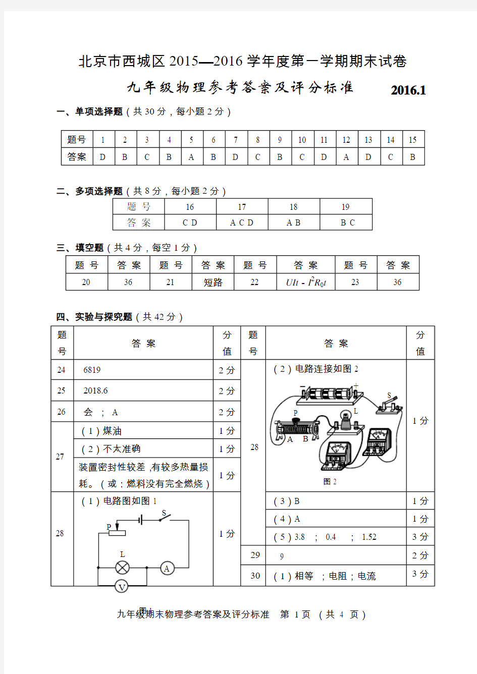 2016.1初三物理期末-答案