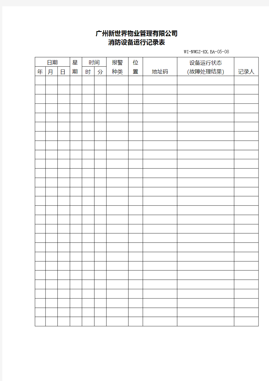 物业管理公司消防设备运行记录表