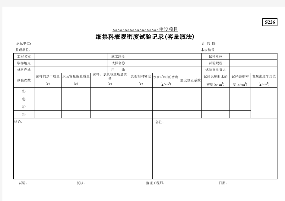 细集料表观密度试验记录(容量瓶法)