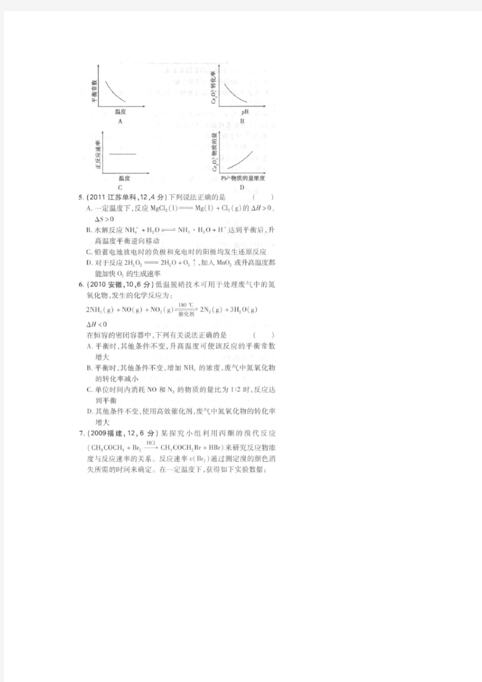 历年高考化学真题及答案详解：化学反应速率和化学平衡