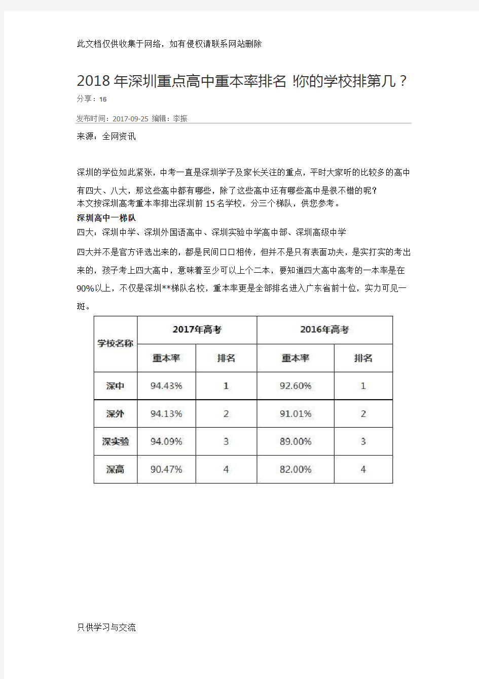 深圳重点高中重本率排名教学教材