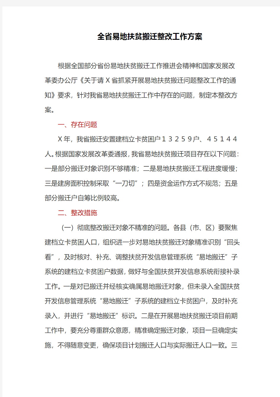 全省易地扶贫搬迁整改工作方案