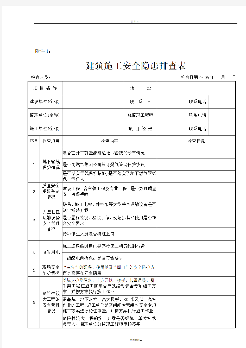 建筑施工安全隐患排查表