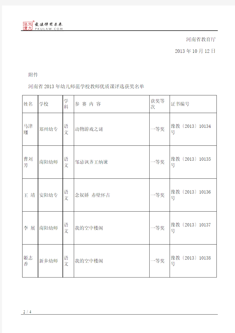 河南省教育厅关于公布2013年河南省幼儿师范学校教师优质课评选结果的通知