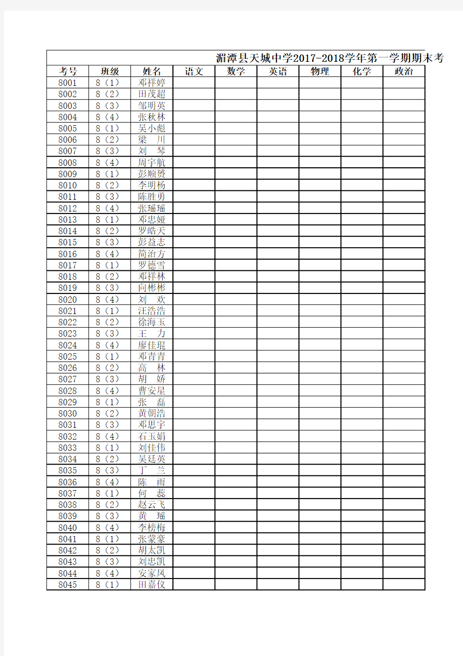 2017-2018学年度第一学期期末考试登分册