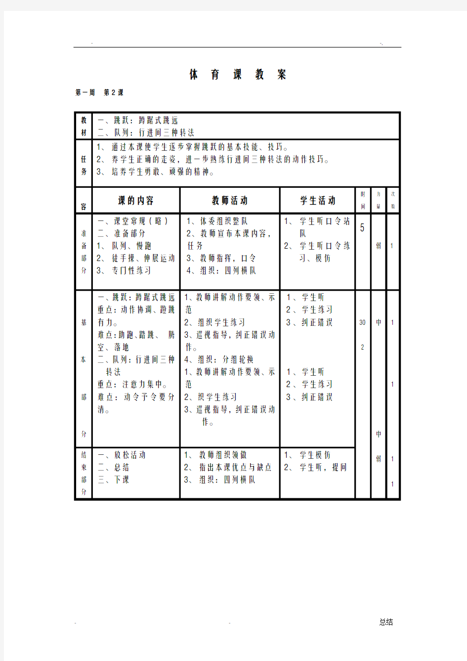 小学六年级体育教案