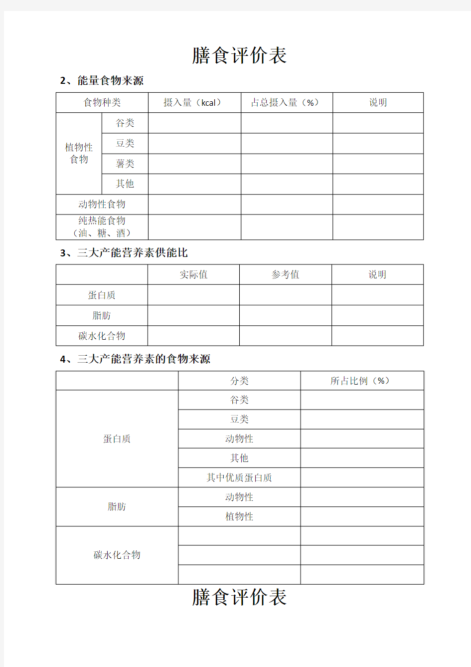 膳食评价表