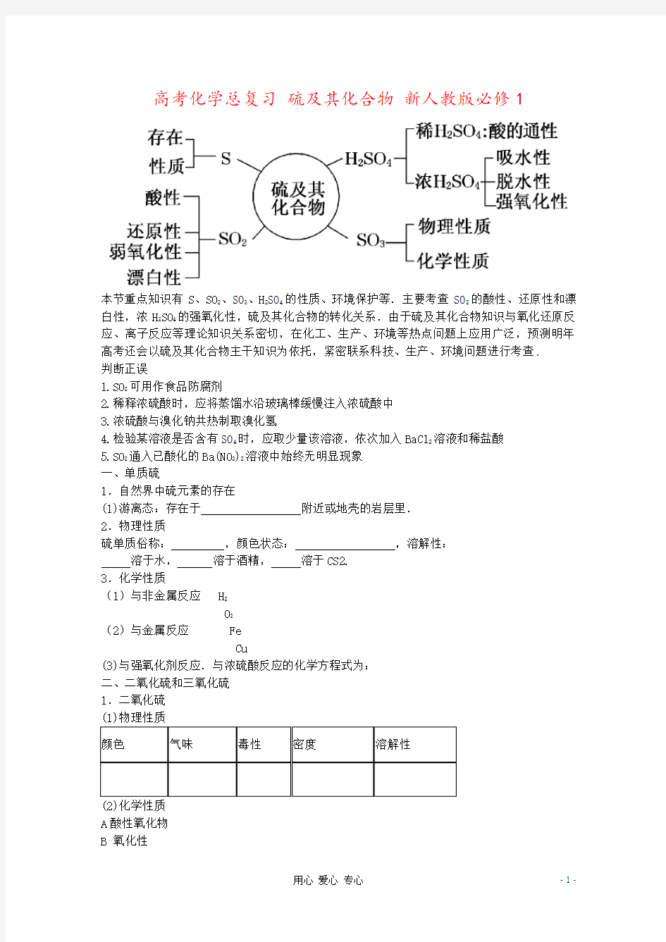 高考化学总复习 硫及其化合物 新人教版必修1