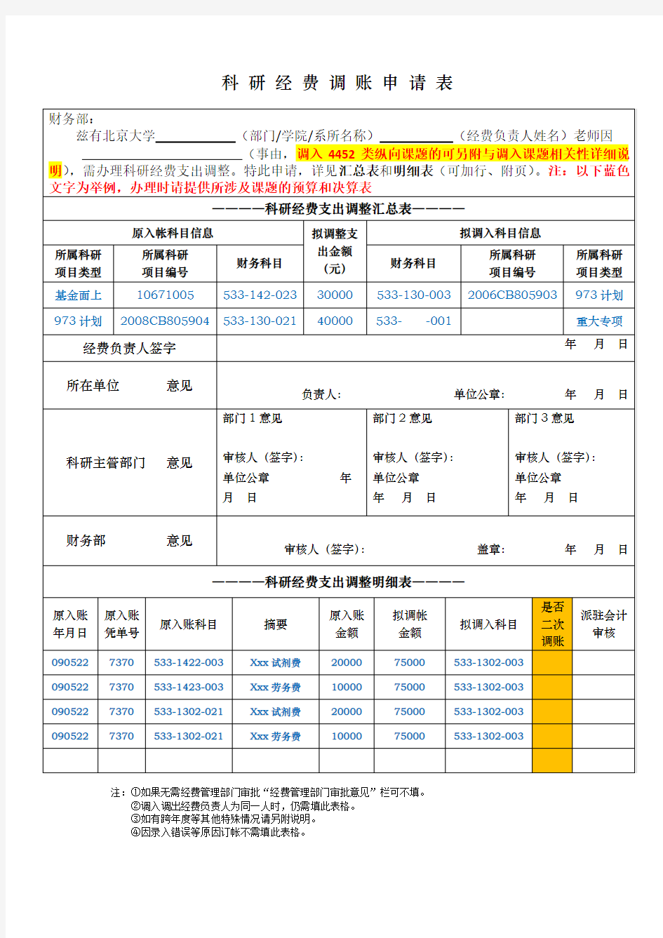 科研经费调账申请表