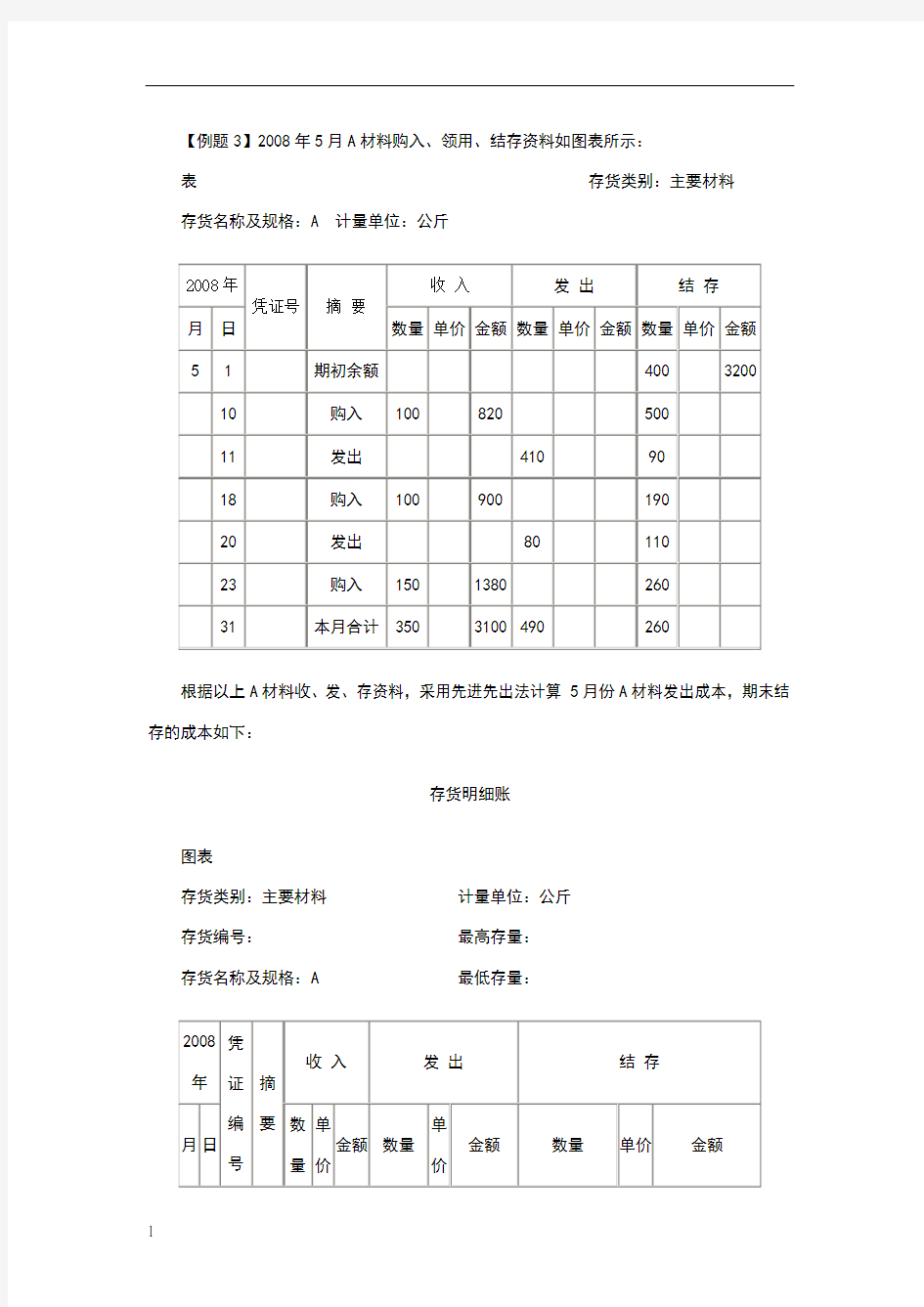 材料发出成本计算例题