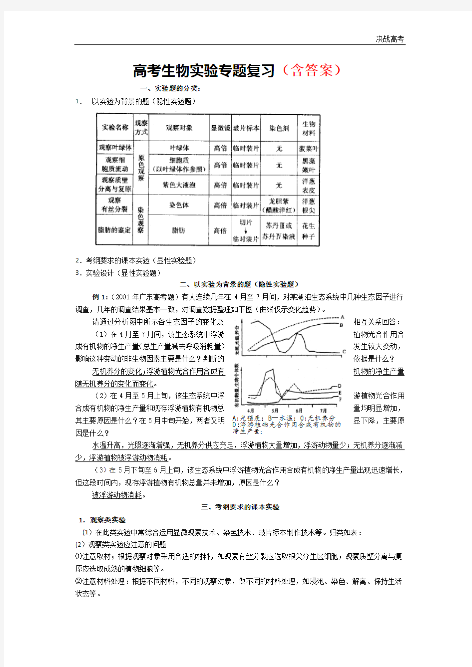 高中高考生物实验分类专题复习