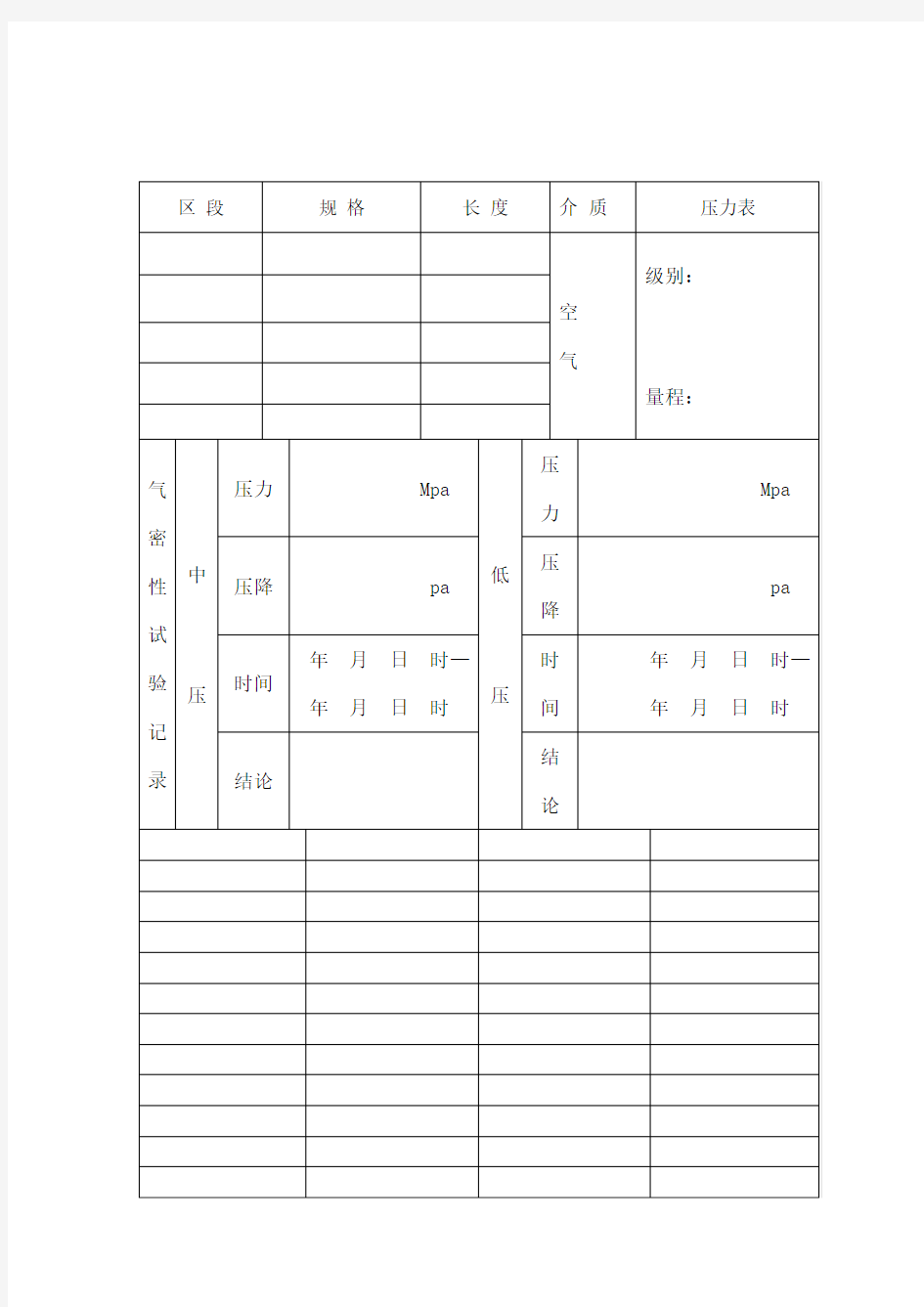 管道气密性试验记录表